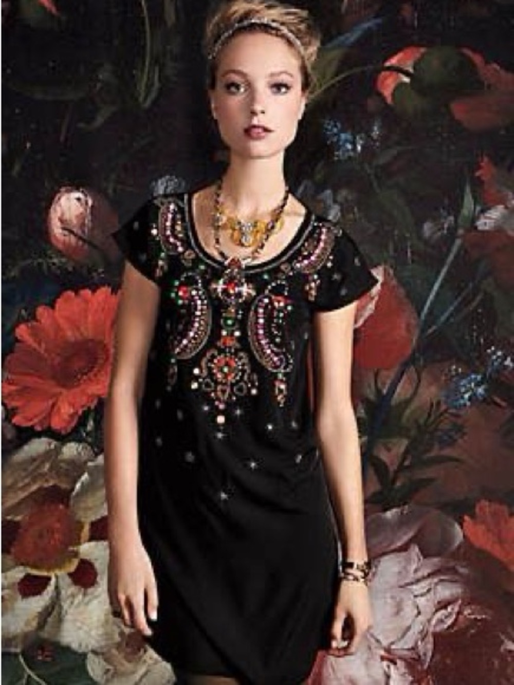 Anthropologie Black Mini Dress with Multicolor Beaded Embellishment